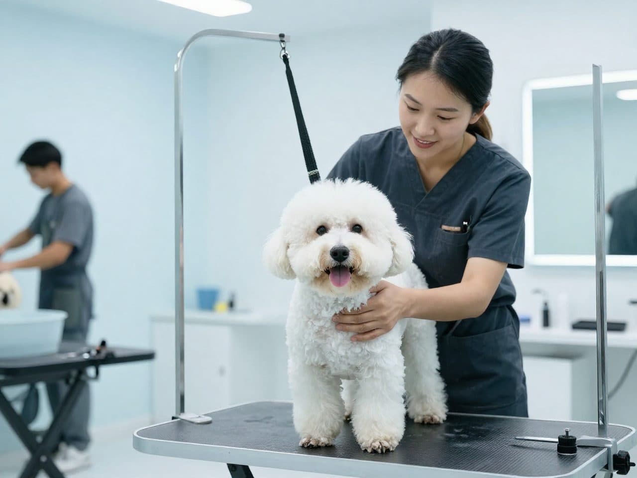 Hundefrisør vasker og holder rolig en hvit bichon frisé på stellebordet.